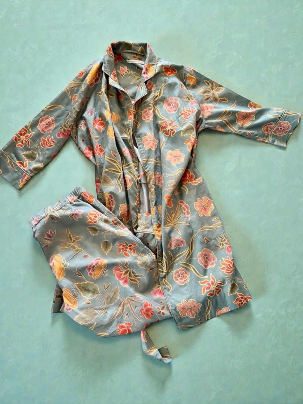 Peruvian Connection Floating Garden Floral Robe & Pajama Pants M/L Pima 2pc EUC